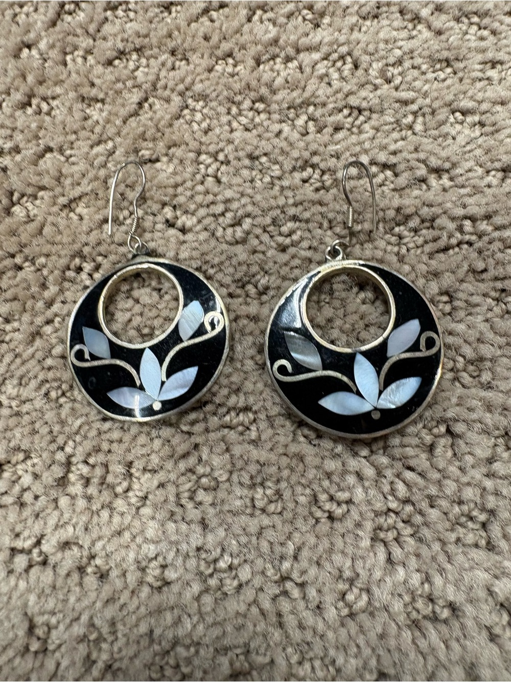 Black Enamel Round Dangle Earrings with White Leaf Inlay